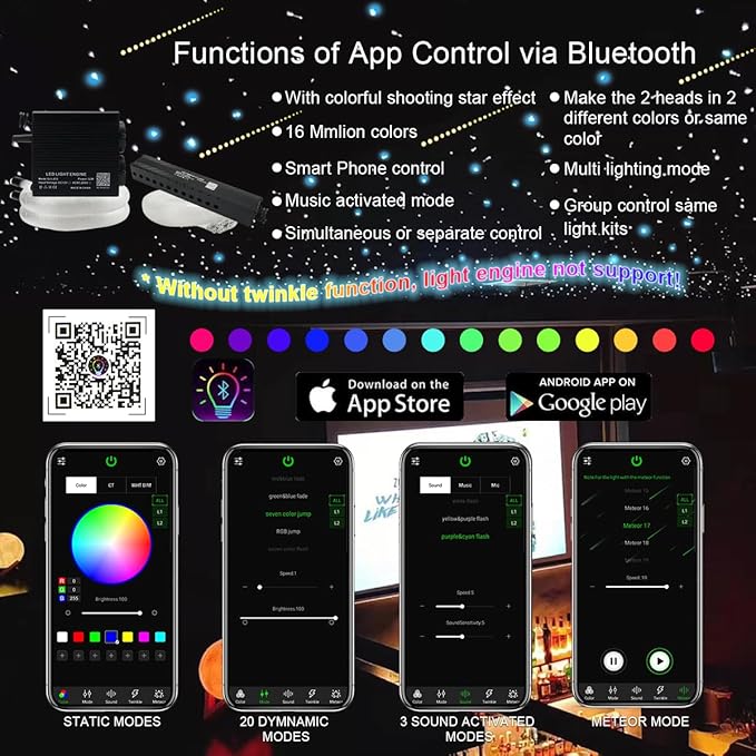 Car Home AKEPO Shooting Star 32W Dual-Head 2 Light Color RGBW Fiber Optic Lights, 920pcs of Mixed 3 Dia. Optical Fibers in 9.8ft+ Small Size Music Activated Fiber Optic Star Ceiling Sky Light Kit