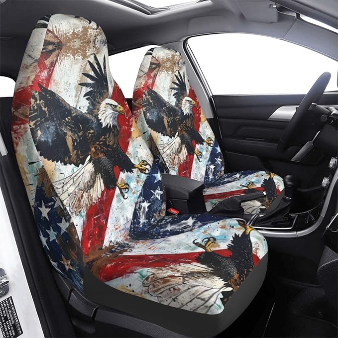 Delerain Car Seat Covers Set 2Pcs, Flying American Flag with Eagle Universal Front Car Seats Vehicle Enterior Protector Suitable Fits Most Car Auto SUV Sedan Truck