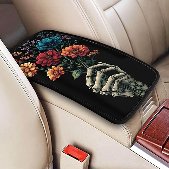 Universal Car Center Console Cushion Pad, Colorful Flowers Skull Hands Soft Waterproof Car Center Console Cover Auto Armrest Seat Box Cover Protector for Most Vehicle SUV Truck Car