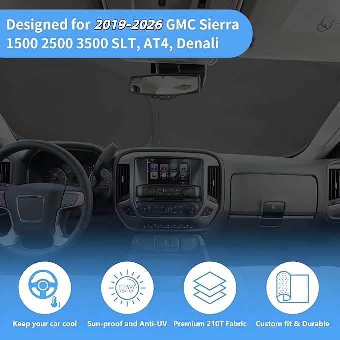 Windshield Sun Shade for 2026-2019 GMC Sierra 1500 2500 3500 SLT, AT4, Denali, Custom Fit Sunshade Truck Accessories, Foldable Pickup Front Window Sun Shade Shield Visor Protector