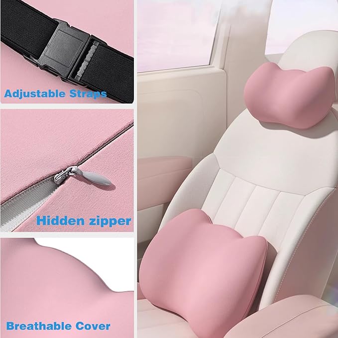 Lumbar Support Pillow for Car/Office Chair, Memory Foam Back Cushion for Car Seat, Lower Back Pillow Fits Most Cars, Trucks, with Adjustable Strap and Washable Cover, Back Pain Relief,Gray