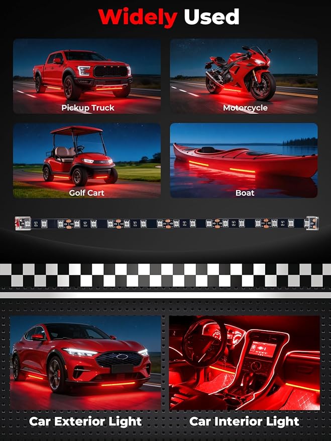 LED Strip Lights 12V Cuttable IP68 Waterproof 12 Inch Interior Exterior Underbody Light for Car SUV Truck Motorcycle Boat Golf Cart 18 SMD 5050 Red 4 Pack