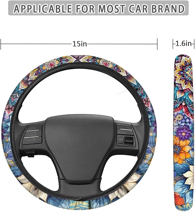 AFPANQZ Car Steering Wheel Covers for Womens Boho Flower Steering Wheel Cover Soft Anti-Slip Rubber Stretch-on Steering Wheel Protector Cover Sweat Auto Accessories Interior Decor