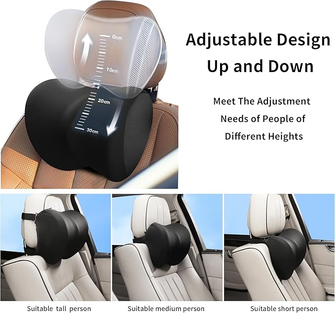 2-Pack Car Neck Pillow with Height-Adjustable,Car Headrest Pillow for Neck Support Relieves Driving Fatigue, Soft Memory Form and Ergonomic Design Fits Most Car Seats(Matte Black)