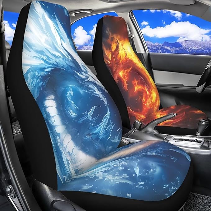 Ice and Fire Dragon Car Seat Covers Front Seats Only Breathable Stretch Polyester Fabric Cover Easy to Install Car Accessories Universal Fit for Most Vehicle