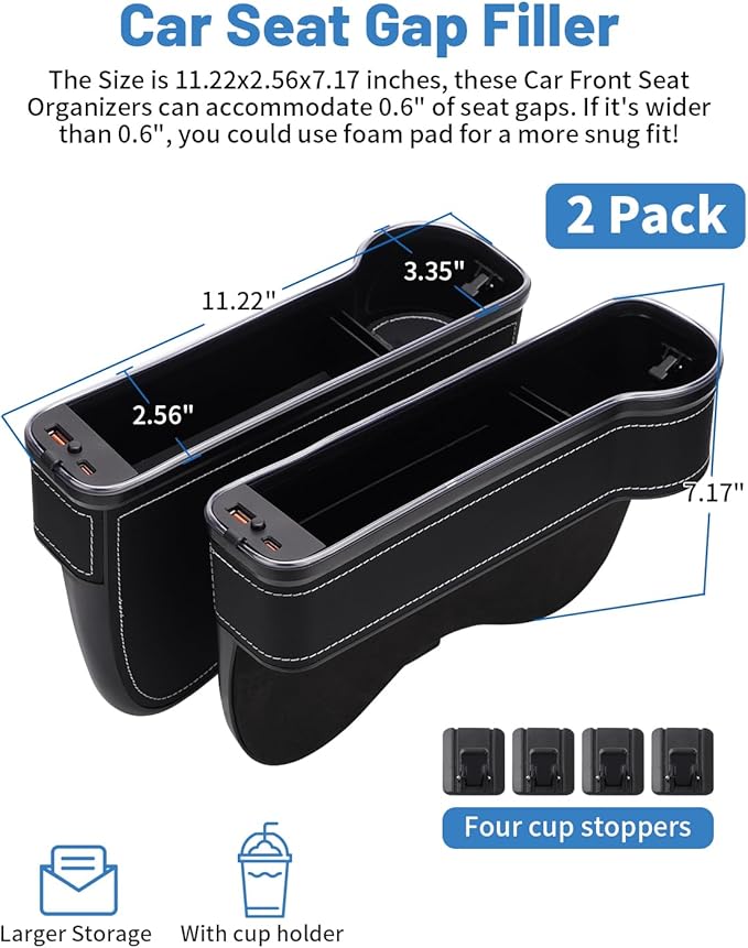 Shademax LED Car Seat Gap Filler Organizer Console Side Storage Box Between Seats with Cup Holders RGB Color Changing Storage Front Seat Gap Filler with USB Charging Car Interior Accessories (2 Pack)