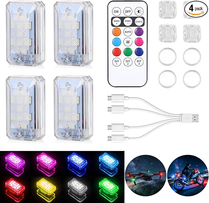 2026 Upgraded 11LEDs Wireless LED Strobe Lights, Ultra Bright 8 Colors Aircraft Strobe Lights with Remote, IP65 Waterproof Anti-Collision Warning Light for Motorcycle Bike Car Drone RV - 4PCS