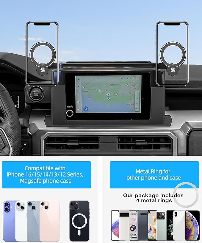 Car Phone Holder for Toyota Tacoma 2024 2025 2026 Accessories Magnetic Cell Phone Mount Apply to 8 Inch Screen Fixed Clip Hands-Free 360 Degree Rotation with Dashboard Storage Tray