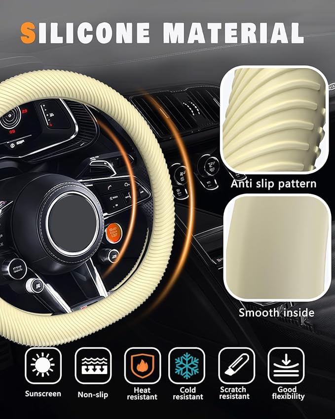 WOCOCN Car Steering Wheel Cover, Thin Anti-Skid Silicone Steering Wheel Cover for Men & Women, Universal Automotive Interior Accessories for Most Cars (Light Yellow)