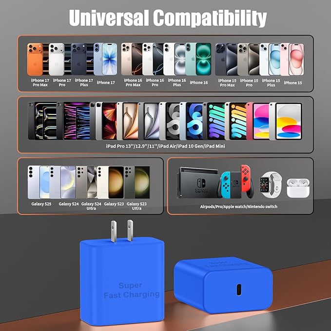 iPhone 17 16 Pro Max Charger Fast Charging, Super Fast USB C Chargers for iPhone 17(6FT+6FT+10FT) Type C Chargers Cord with Fast Charger Block for iPhone 17/16/15 Series/iPad/ GalaxyS26/S25/S24 Blue