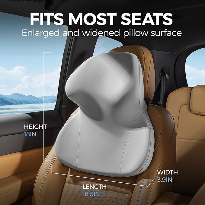 BEBAS Car Headrest Pillow, Ergonomic Neck Pillow with Memory Foam, Enlarged Surface for Head Neck Shoulder Support, Breathable Removeable Car Seat Pillow for Pain Relief(Gray, 1 Pack)