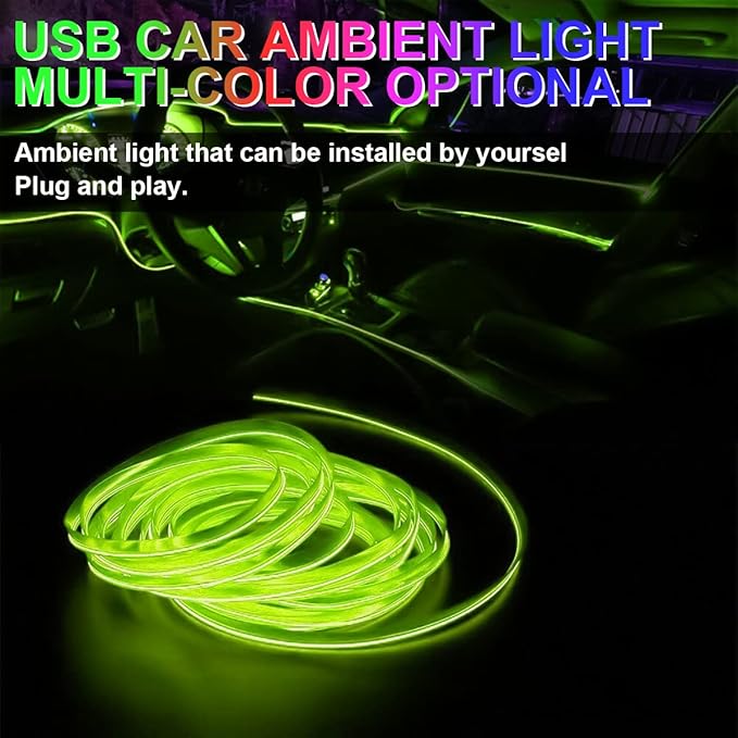 EL Wire Interior LED Strip Lights, 10FT USB Auto Neon Light With Sewing Edge, Electroluminescent Ambient Lighting Kit, Fuse Protection, Car Decoration Accessories (Ice Green)