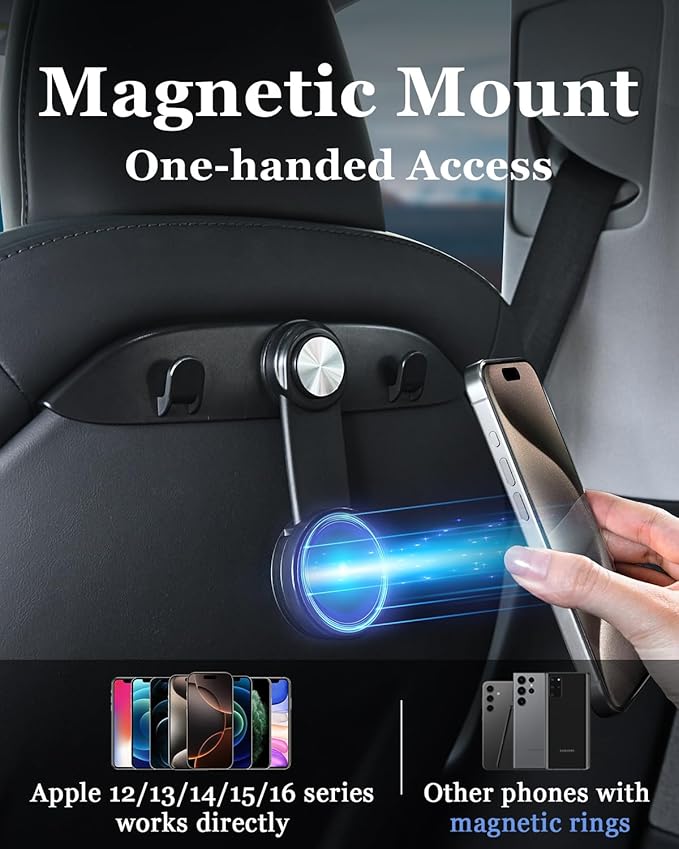 1 Pack Car Seat Hooks & Magnetic Phone Holder for Tesla Model Y(Juniper) Model 3(Highland) Accessories 2025 2024 2023 2022 2021, Car Seat Back Storage Purse/Bag/Hat Hook for iPhone