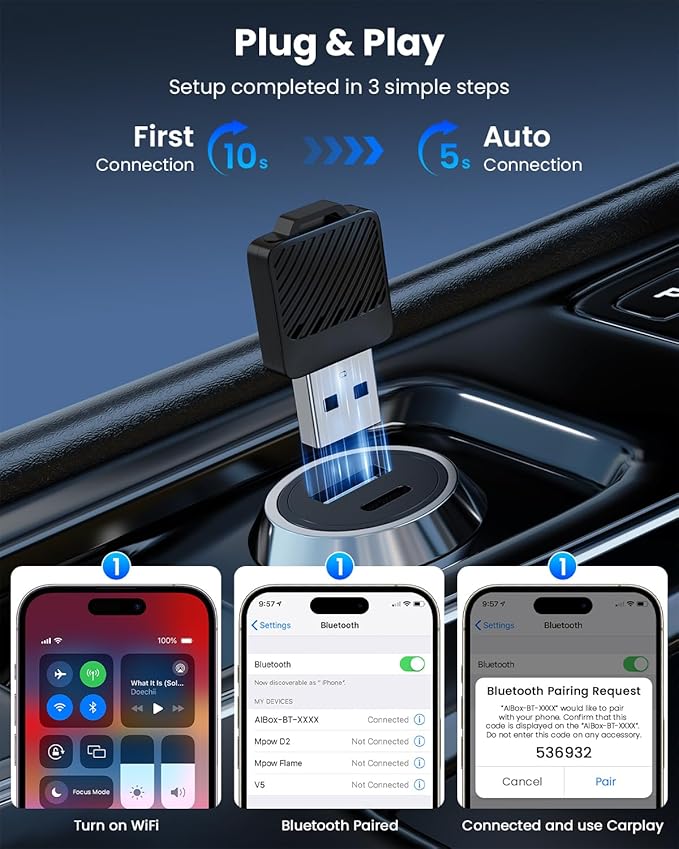 Wireless CarPlay Adapter for iPhone & Android Auto, No Delay, Fast & Stable Connection, Plug & Play, Converts Wired to Wireless Carplay Dongle for iOS 10 Android 11 and Above, USB-A/Type-C Port