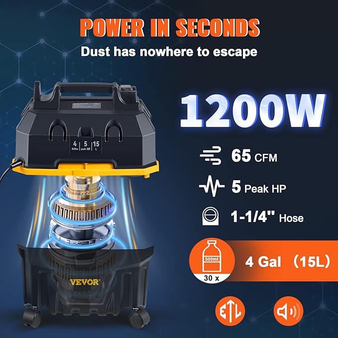 VEVOR Shop Vac Wet and Dry Vacuum Cleaner 4 Gallon 5 Peak HP - Powerful Suction with Blower Function & Attachments 3-in-1 Crevice Nozzle - Perfect for Car Carpet Debris Pet Hair Black/Yellow