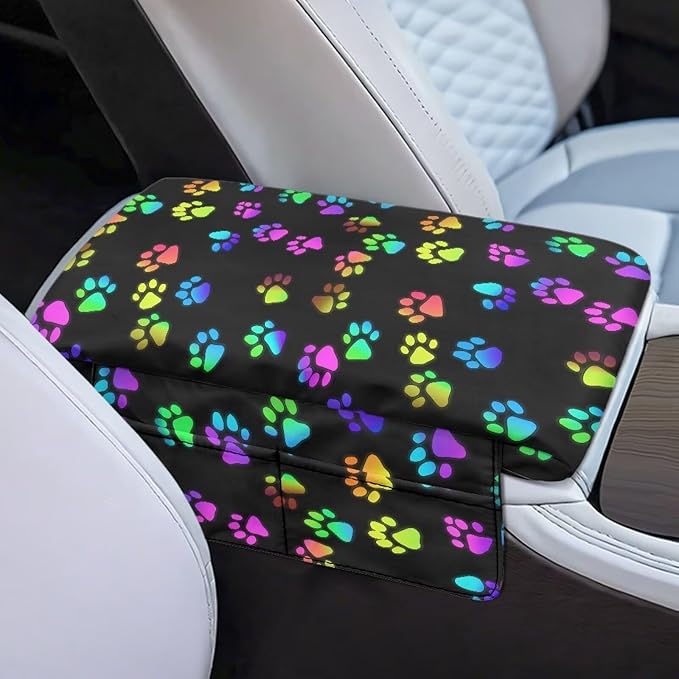 Dreaweet Colorful Dog Paw Print Center Console Cover Thick Arm Rest Cover for Car Women Cute Car Accessories Interior Middle Console Cushion Cover Pad with Pockets