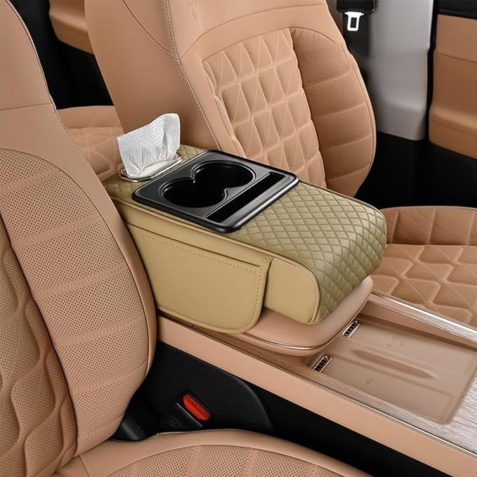 Car Armrest Cushion for Honda Civic 2012 2013 2014 2015, Leather Arm Rest Cover Center Console Armrest Pillow Armrest Storage Box Pad Multifunctional Accessories Interior Organizers,E/Beige