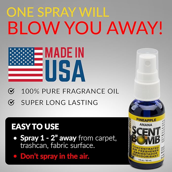 Scent Bomb Air Freshener Spray, Long-Lasting Odor Eliminator - Effective Deodorizer for Home & Car, Fresh Room Spray for Kitchen, Bathroom & Smell Neutralizer - 1 oz Pack of 4, Pineapple Scent