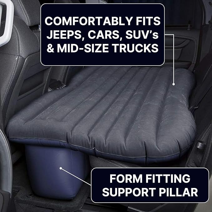 AirBedz by Pittman Outdoors - Inflatable Rear Seat Air Mattress, Black - 55" Wide - Mid-Size Fits Jeeps, Car, SUV’s & Mid-Size Trucks, Comes with Portable DC Air Pump