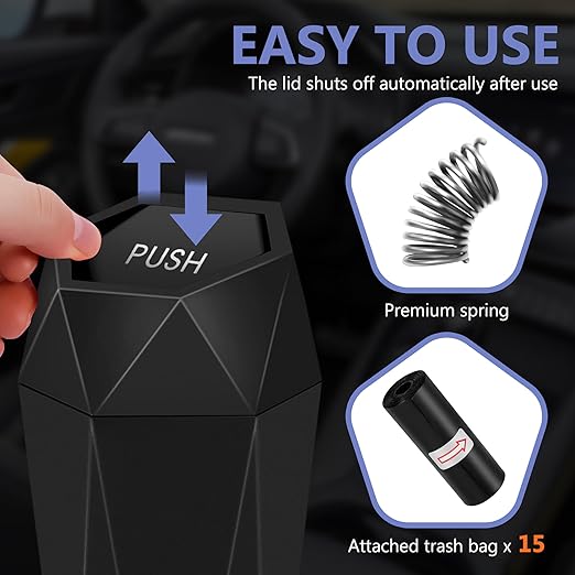 Car Trash Can with Lid - 1-Pack, Interior Accessories for Vehicles, Leakproof Garbage Can with 15 Detachable Trash Bags, Multipurpose Organizers and Storage Solutions for Home and Office
