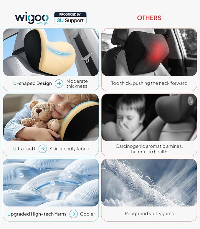 Wigoo 2026 Car Neck Pillow [No More Pressure, Odorless] Soft Car Headrest Pillow with Adjustable Strap Removable Cover 100% Memory Foam, Fits All Vehicles (Beige 2-Pack)
