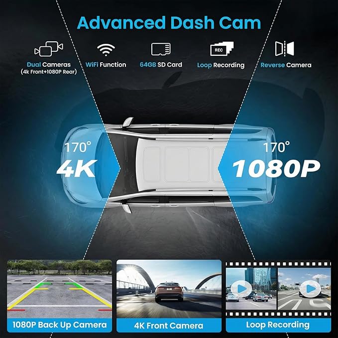 11 inch Wireless Apple CarPlay & Android Auto Screen for Car with 4K Dash Cam,Ultra-Light Touchscreen, IP68 1080P Backup Camera, GPS Navigation, Voice Control, Mirror Link(64GB U3 Card)