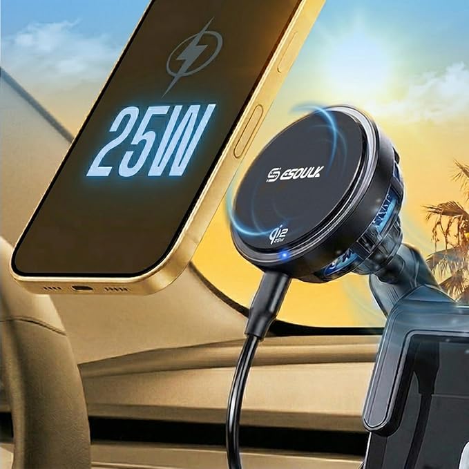 Esoulk [2026 Upgraded] Qi2 25W Fast Wireless Car Charger for Tesla Model 3/Y, Magnetic Phone Mount with Active Cooling Fan, Dashboard Screen Mount for iPhone & Android