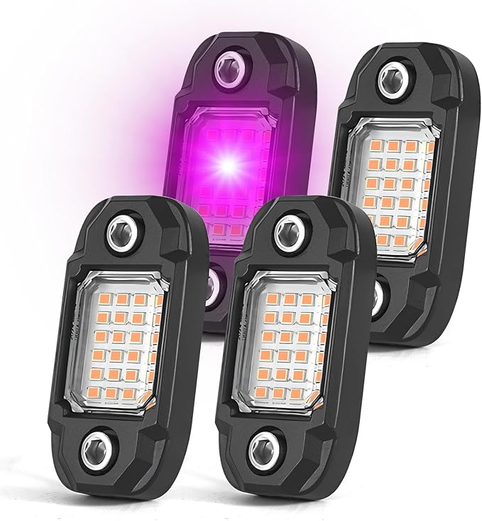 4 Pods Purple Rock Lights 24 LEDs Chips Waterproof Neon Trail Rig Lamp Underglow Light for Car Truck Motorcycle SUV ATV UTV