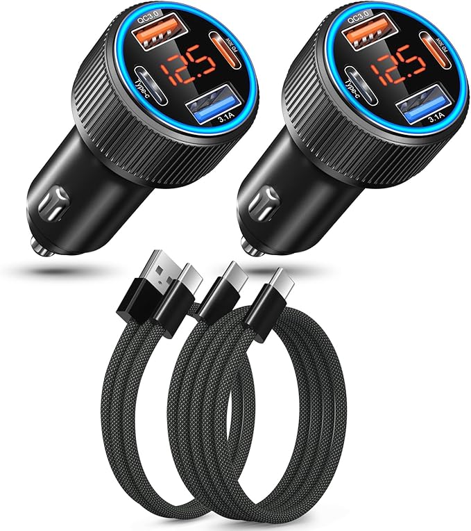 65W Dual USB C & USB A Car Charger Multi Port Cigarette Lighter Adapter with Voltmeter QC+PD 3.0 Fast Charging with 2 Pack Type C Cords