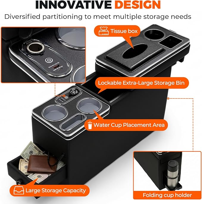 Center Console Between Seat Organizer for Minivans,SUVs,with Dual USB Charging ,Cup Holders,tissue box, 7 Color ambient lighting and drawers for Minivan, Middle Van Floor Console Organizer Storage Box