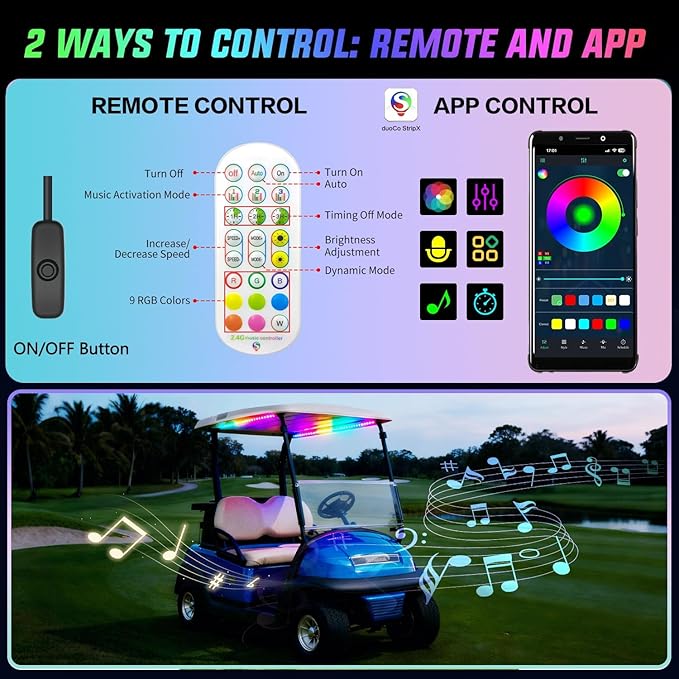 2 Pcs RGB+IC Golf Cart Canopy Lights Strip, 12V-80V Dream Color Chasing Golf Cart Roof Light with Remote and APP Control, Voltage Reducer Included, Music Sync for EZGO Yamaha Club Car