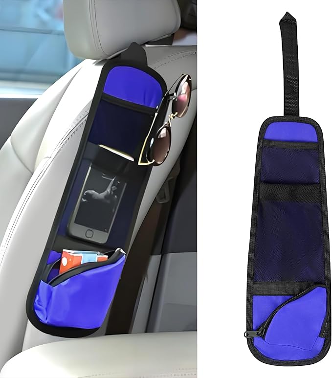 Hovom Car Seat Storage Hanging Bag, Multi-Pocket Car Seat Side Organizer, Multifunctional Mesh Pocket Auto Front Seat Organizer for Phone Wallet Glasses, Universal Car Accessories (Blue, 1PCS)