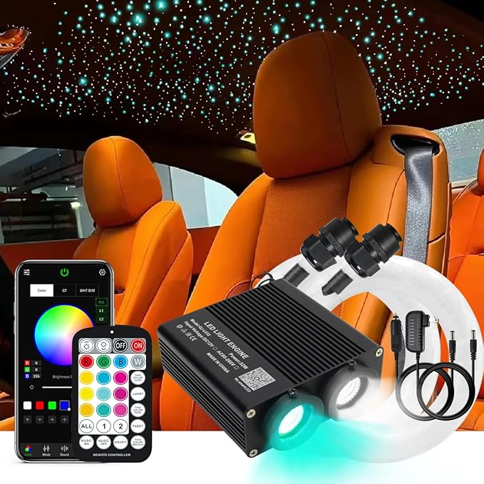 Small Size AKEPO 32W Dual-Head Different Color APP Fiber Optic Lights, 1100pcs of 0.03in Optical Fibers in 13.1ft+RGBW Sound Activated Fiber Optic Star Ceiling Light Kit for Car Headliner Star/Home