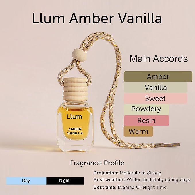Llum Amber Vanilla Hanging Car Air Freshener – Luxury Automotive Perfume Diffuser 10ml (0.34 fl oz), Long-Lasting Fragrance, Alcohol-Free Non-Toxic Car Scent, Glass Bottle With Wood Cap