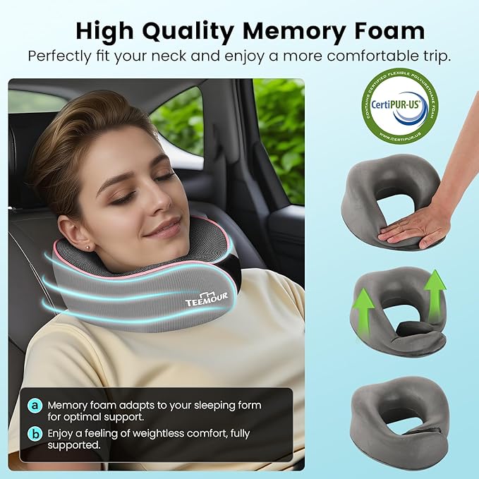 Teemour Travel Neck Pillow Airplane- Upgraded Memory Foam Neck Pillow for Airplanes 360° Support Desing, with Eye Mask & Earplugs, Portable Carry Bag for Long Flights, Business Trip|Travel Essentials
