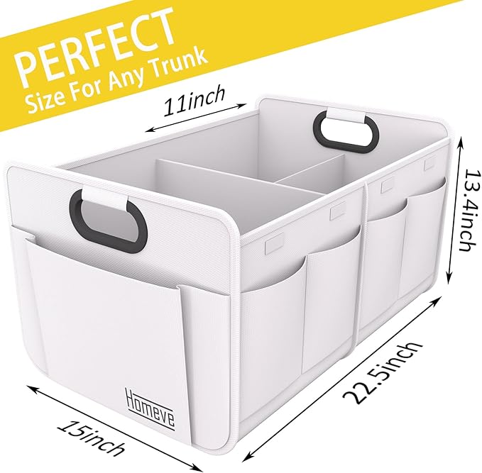Homeve Trunk Organizer, Car Storage, Reinforced Handles, Collapsible Multi-Compartment, Foldable, Waterproof, Sturdy, 600D Oxford Polyester For Car, SUV, Mini-Van, White, 2 Compart