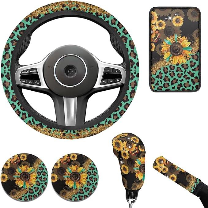 Sunflower Car Accessories 6pcs Set Leopard Hippie Steering Wheel Cover Handbrake Gear Cover Cup Coasters Set for Truck SUV