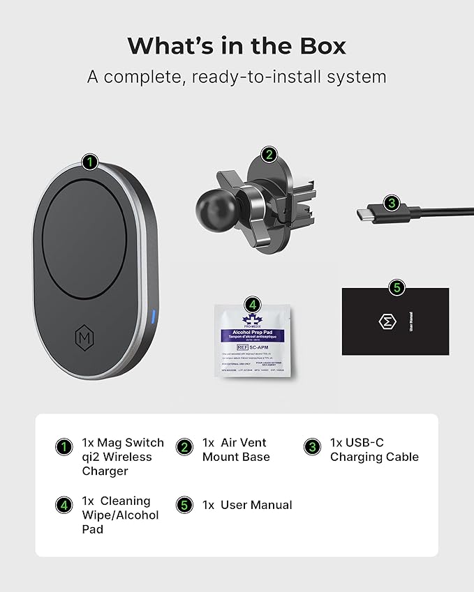 Mag Switch Qi2 Mag Safe Wireless Car Charger Air Vent Mount, 15W Fast Charger with a built in on/off switch for charging, Strong N52 Magnets, Compatible with iPhone 14/15/16/17 Iphone Air