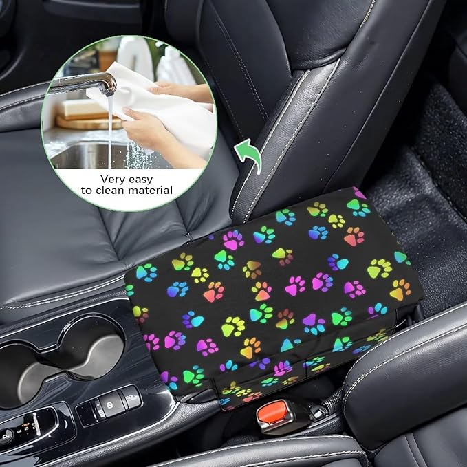 Dreaweet Colorful Dog Paw Print Center Console Cover Thick Arm Rest Cover for Car Women Cute Car Accessories Interior Middle Console Cushion Cover Pad with Pockets