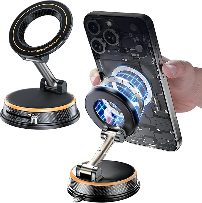 Magnetic Car Phone Holder, 360°Adjustable Vacuum Dashboard and Windshield Mount Magsafe Cell Phone Holders for Your Car, Carbon Fiber 108+LBS Nano Gel Suction Cup, iPhone, Samsung (Orange)