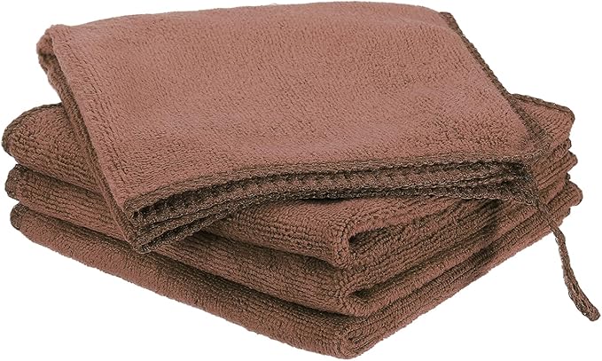 HARFINGTON 4 Pack Microfiber Cleaning Cloth, 10" x 10" Multi-Functional Cleaning Towels Reusable Absorbent Rags with Hook for Car Wash Kitchen Household Window Clean, Brown