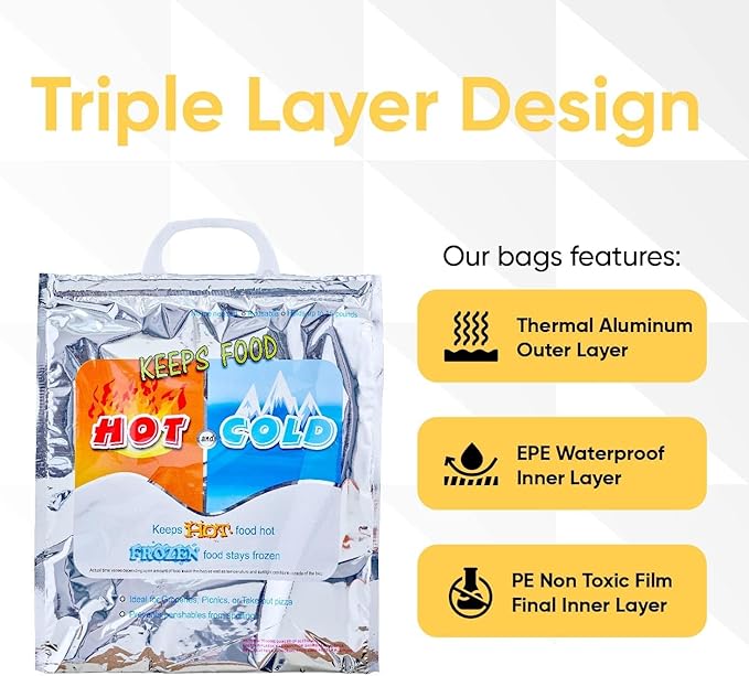 Superio Hot and Cold Insulated Bags for Food Delivery, Grocery Shopping Bags, Food Storage for Hot and Frozen Food for Travel, Disposable Cooler Bag, Reinforced Thermal Lunch Bag (8, 15.5"x13")