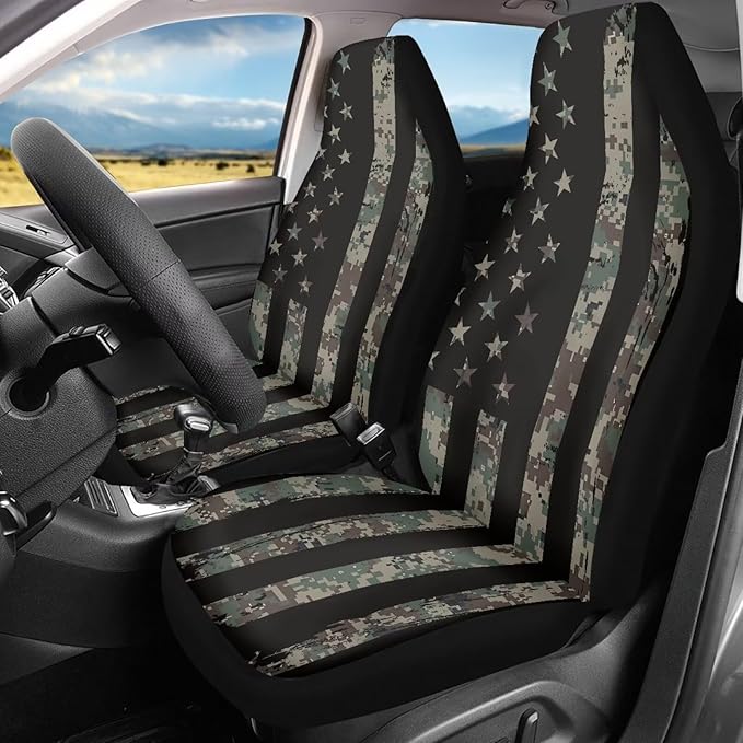 ELEQIN Camo American Flag Seat Covers, Car Seat Covers Front Seats, Car Seat Cushion, Front Car Seat Covers Canvas Car Seat Protector Universal Fit Most Cars