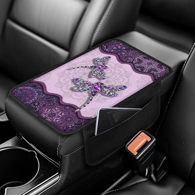 Boho Floral Dragonfly Print Car Center Console Cover Waterproof Vehicle Armrest Cover Pad with 2 Storage Bags Scratch-Resistant Car Armrest Cushion Car Accessories Interior Protection