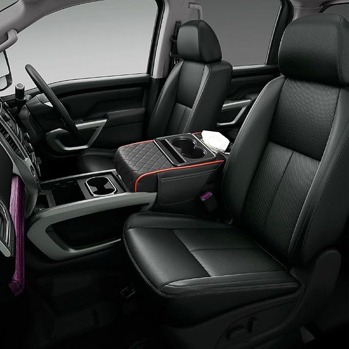 Car Center Console Cover for Hyundai Tucson 2021-2024, Leather Armrest Cushion Protector Pad with Tissue Box Holder Storage Pockets Cup Holder Phone Slot, B/Black-red