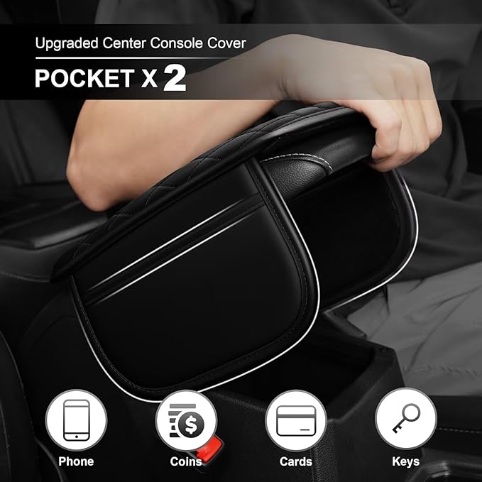 Upgraded Car Center Console Cover Fit for RAV4 Faux Leather Car Armrest Cover Cushion with 2 Storage Bags,Car Armrest Storage Box Interior Accessories(Black)