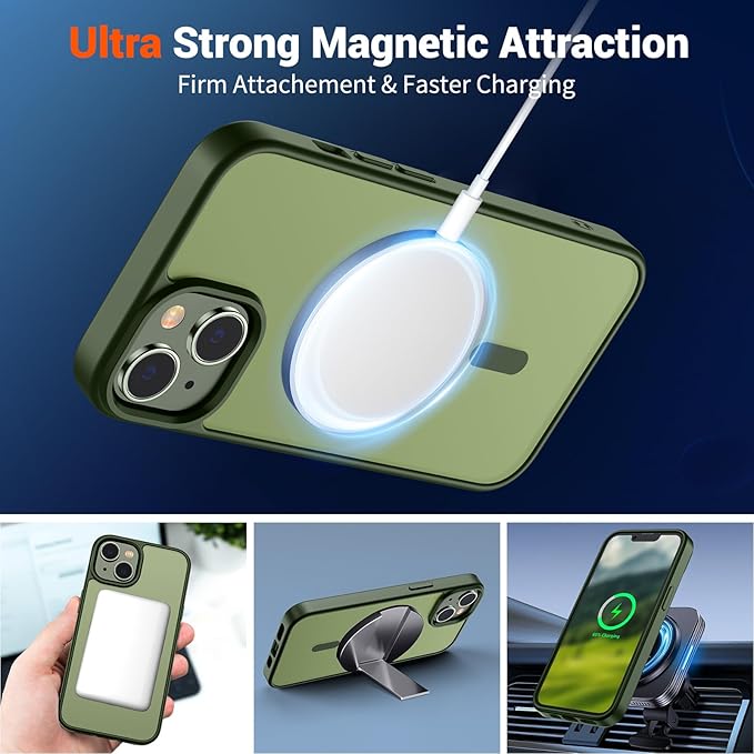 SUPFINE Magnetic for iPhone 14 Case & iPhone 13 Case (Compatible with MagSafe)(Military Grade Drop Protection) Translucent Matte Shockproof Phone Cover,Cangling Green