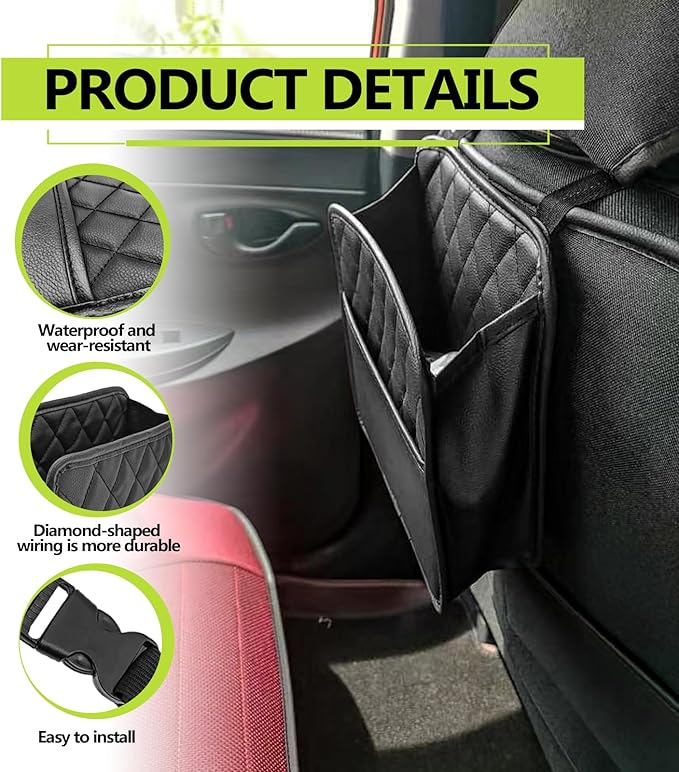 1Pack Car Seat Back Organizer, PU Leather Hanging Organizer, Multipurpose Storage Bag for Small Items, Waterproof Easy To Clean Car Accessories, for Car SUV Truck (Black)