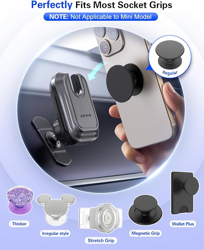 pop-tech Car Phone Mount for Socket Grip, Adjustable Strong Sticky Cell Phone Holder, Dashboard Adhesive Socket Car Mount Compatible with Thick Wallet Grip for iPhone Samsung Card Holder