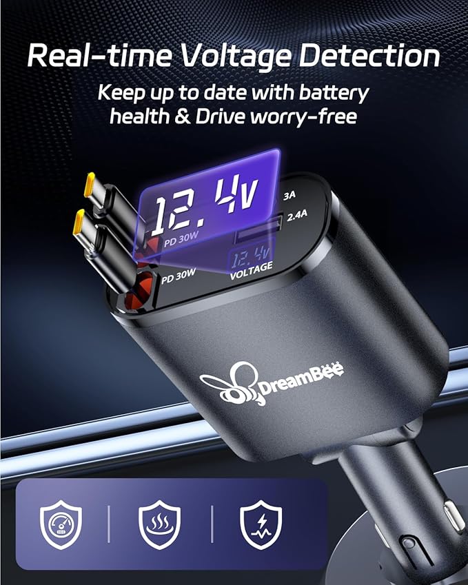 DreamBee Retractable Car Charger,66W Super Fast USB Car Phone Charger,Dual TypeC Retractable Cables Gifts for Men Women Car Truck Accessories for Samsung Galaxy S23+/S23,iPhone 17/16/15/ Pro Max, iPad